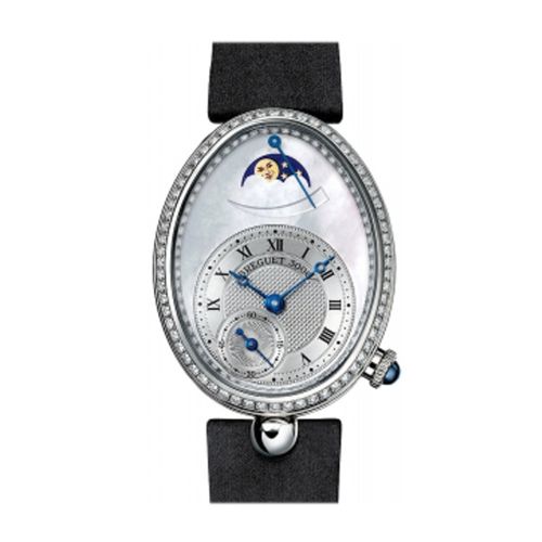 Breguet Reine De Naples Mother of Pearl Dial 18kt White Gold Diamond Black Satin Ladies Watch 8908BB52864D00D