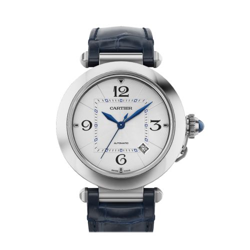 Cartier Steel Pasha Silver Dial Blue Croc WSPA0010